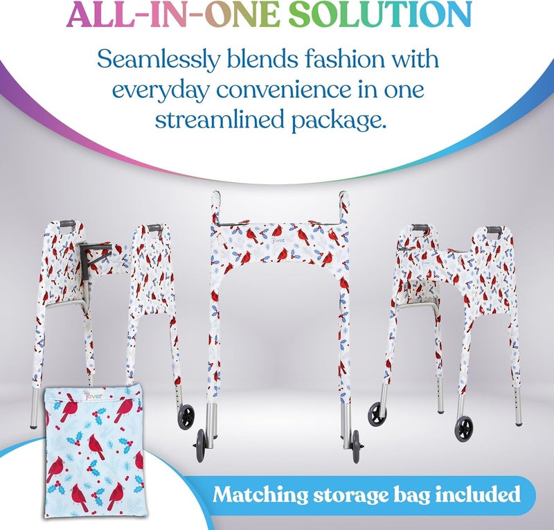 Jover – Walker Covers (Winter Birds) – Colorful Fabric Cover for Standard Folding Walker Mobility Aid with Pockets, Easy Fit Senior Walker Accessories, Washable Polyester, + Matching Storage Bag - Image 3